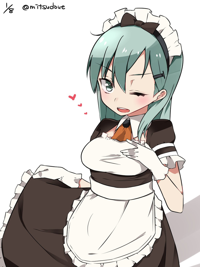 alternate_costume apron aqua_eyes aqua_hair bad_id bad_twitter_id blush brown_skirt check_commentary commentary_request detached_collar enmaided frills gloves hair_between_eyes hair_ornament hairclip hand_on_own_chest heart highres inactive_account kantai_collection long_hair long_skirt looking_at_viewer maid maid_apron maid_headdress mitsudoue one_eye_closed open_mouth short_sleeves skirt skirt_hold solo suzuya_(kantai_collection) twitter_username underbust waist_apron white_background white_gloves