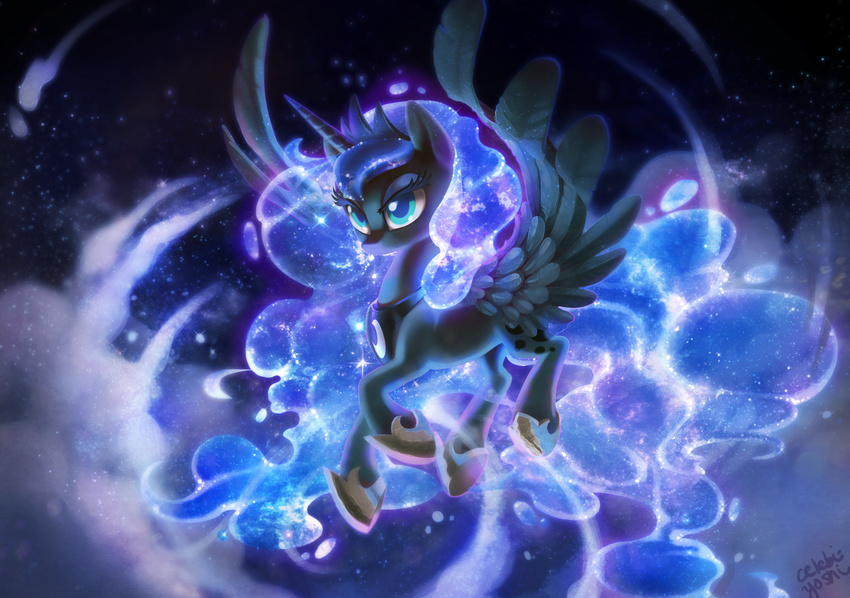 2015 blue_eyes blue_fur blue_hair celebi-yoshi cloud cloudscape crown cutie_mark equine female feral flying friendship_is_magic fur hair hi_res horn jewelry mammal my_little_pony necklace outside princess_luna_(mlp) sky solo star winged_unicorn wings