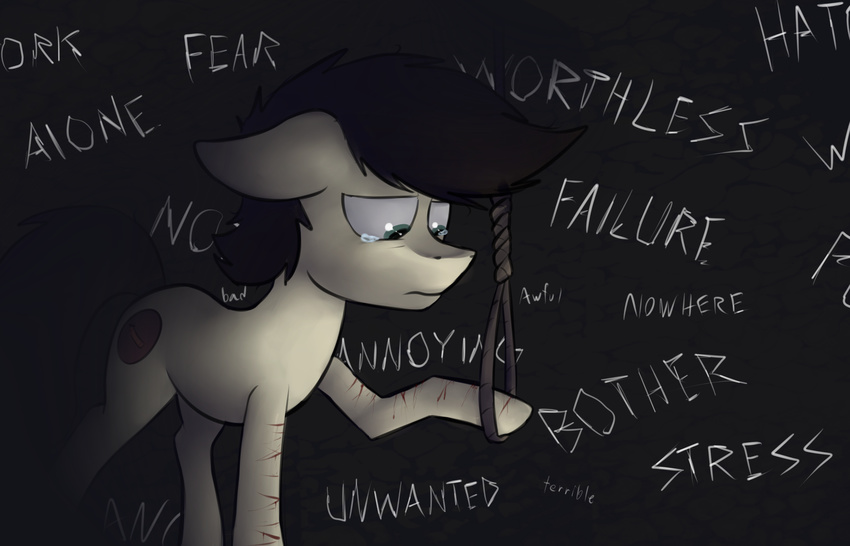 2016 anthro black_hair blue_eyes crying cutie_mark depression english_text equine friendship_is_magic fur hair hi_res horse male mammal marsminer my_little_pony pone_keith pony rope solo tears text white_fur