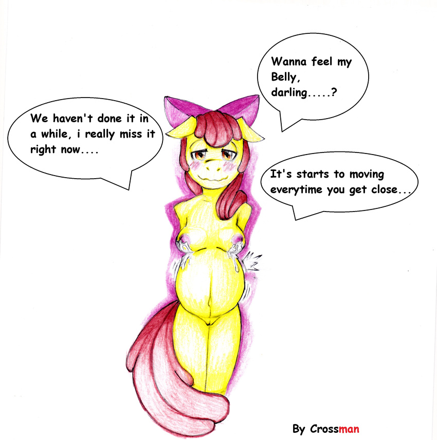 2016 anthro apple_bloom_(mlp) blush breasts dialogue english_text equine female friendship_is_magic hair horse invalid_tag lactating looking_at_viewer mammal my_little_pony nipples nude pony pregnant pussy simple_background smile text