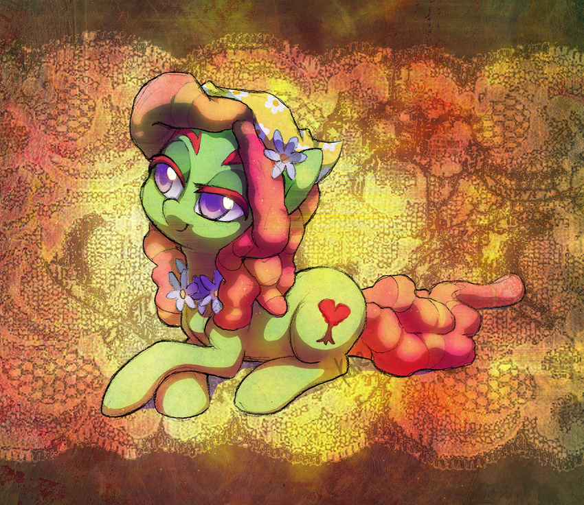 2015 abstract_background celebi-yoshi cutie_mark earth_pony equine female feral flower friendship_is_magic fur green_fur hair horse mammal multicolored_hair my_little_pony plant pony purple_eyes scarf smile solo tree_hugger_(mlp) two_tone_hair