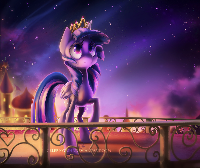 2014 balcony canterlot celebi-yoshi cloud crown cutie_mark equine feathered_wings feathers female feral friendship_is_magic fur hair horn mammal multicolored_hair my_little_pony outside purple_eyes purple_feathers purple_fur sky solo star tower twilight_sparkle_(mlp) two_tone_hair winged_unicorn wings