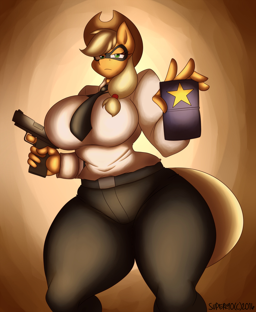 2016 anthro applejack_(mlp) big_breasts breasts earth_pony equine female friendship_is_magic gun horse huge_breasts mammal my_little_pony police pony ranged_weapon solo supersonicrulaa weapon