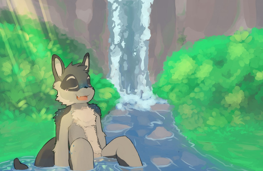 anthro canine creek eyes_closed featureless_crotch front_view male mammal nude open_mouth outside partially_submerged reclining sitting solo waterfall whiteleo young