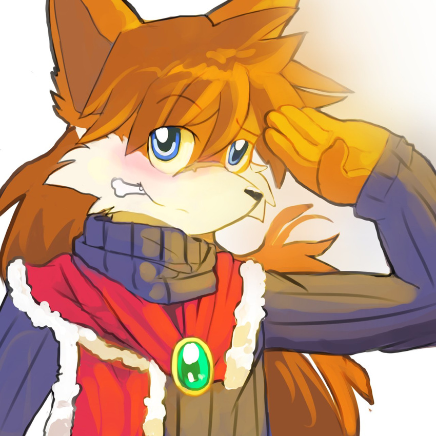 anthro blush canine cape clothing fox hair long_hair looking_at_viewer male mammal portrait red_savarin salute smile solatorobo solo turtleneck video_games whiteleo