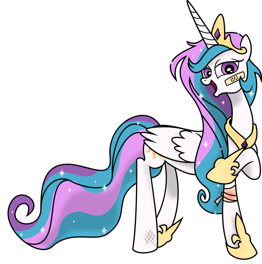 2013 absurd_res alpha_channel bandage crown cutie_mark equine feathered_wings feathers female feral friendship_is_magic fur hair hi_res horn jewelry looking_at_viewer mammal multicolored_hair my_little_pony necklace open_mouth princess_celestia_(mlp) purple_eyes royalty simple_background solo spier17 transparent_background white_feathers white_fur winged_unicorn wings wounded