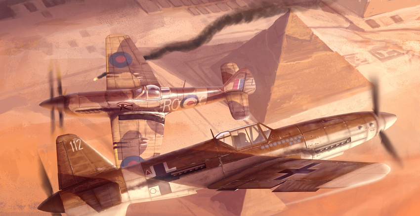 aerial_battle aircraft airplane battle canopy commentary desert dogfight egypt fighting fire flying highres original pilot propeller pyramid roc_(h7e3n9r8y) spitfire_(airplane) world_war_ii