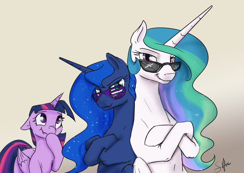 2016 equine female feral friendship_is_magic group horn looking_at_viewer mammal my_little_pony princess_celestia_(mlp) princess_luna_(mlp) silfoe smile twilight_sparkle_(mlp) winged_unicorn wings