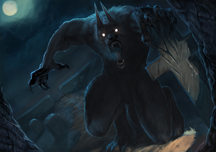 2016 4_toes action_pose angry big_muscles black_fur black_nose breath bright_eyes canine claws cloud conditional_dnp cross crouching detailed detailed_background digital_media_(artwork) digitigrade fangs front_view full_moon fur graveyard hi_res howl kneeling long_claws looking_at_viewer male mammal mithril07 moon moon_light muscular naturally_censored night no_pupils nude open_mouth outside pantheon pointy_ears raised_arm saliva sharp_claws sharp_teeth solo teeth toe_claws toes tree were werewolf white_eyes