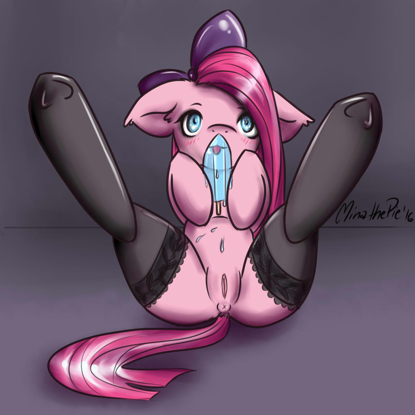 2016 big_ears blush clothing cream female fluffy friendship_is_magic hair hooves ice legwear licking long_hair looking_at_viewer mammal mina-the-pie my_little_pony nude open_mouth pinkamena_(mlp) pinkie_pie_(mlp) pussy ribbons simple_background solo stockings tongue tongue_out