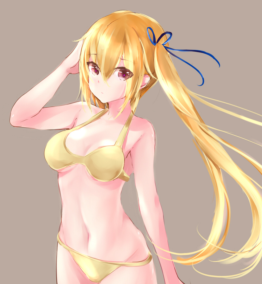 bikini blonde_hair highres kawakami_mai long_hair musaigen_no_phantom_world red_eyes side_ponytail silver_(chenwen) solo swimsuit