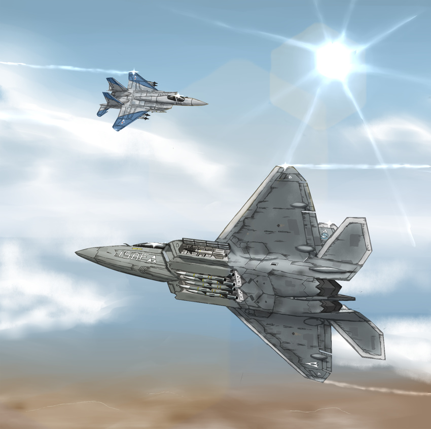 ace_combat_04 ace_combat_zero aim-120_amraam aim-9_sidewinder aircraft airplane bad_id bad_pixiv_id blue_sky cipher_(ace_combat) cloud commentary condensation_trail day f-15_eagle f-22_raptor fighter_jet glint highres isaf jet military military_vehicle missile mobius_1 no_humans ragi_(00203) sky sun