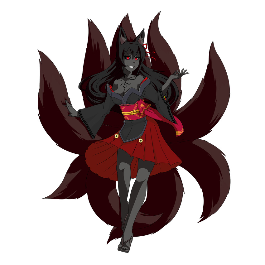 absurdres alternate_color alternate_skin_color animal_ear_fluff animal_ears bare_legs bare_shoulders black_hair black_sclera black_skin breasts cleavage fox_ears fox_tail full_body geta grin highres kitsune large_breasts legs long_hair looking_at_viewer mon-musu_quest! monster_girl multiple_tails obi older red_eyes sash smile solo tail tamamo_(mon-musu_quest!) tattoo thundragon transparent_background