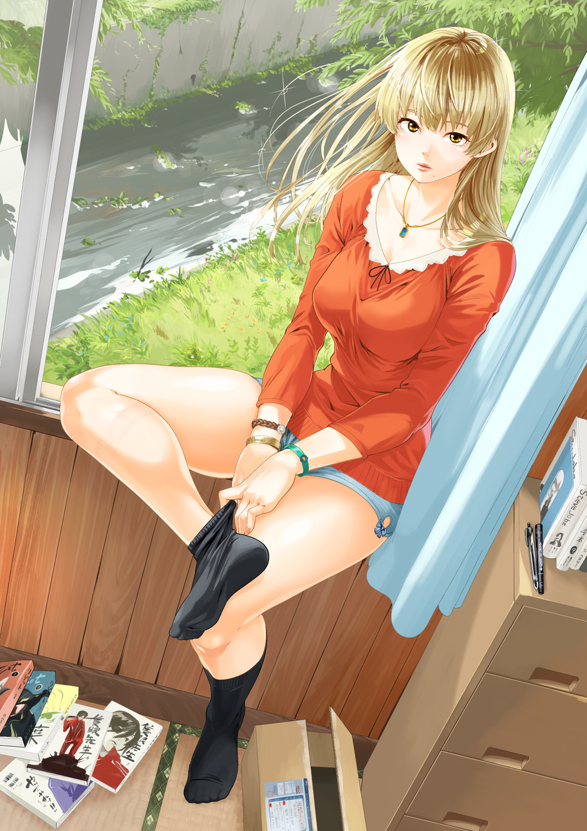 blonde_hair blouse book box bracelet breasts brown_eyes cardboard_box cleavage feet highres jewelry kunami_himehiko long_hair manga_(object) medium_breasts mole mole_under_mouth necklace no_shoes original shorts sitting socks solo steve_jobs stream windowsill