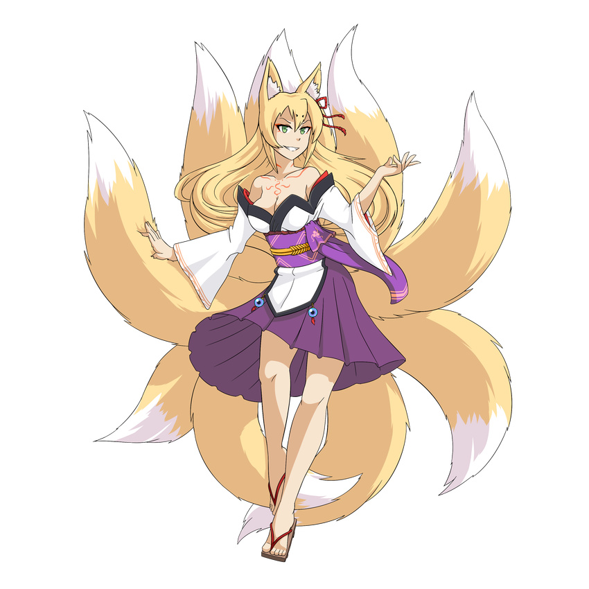 absurdres animal_ear_fluff animal_ears bare_legs bare_shoulders blonde_hair breasts cleavage fox_ears fox_tail full_body geta green_eyes grin highres kitsune large_breasts legs long_hair looking_at_viewer mon-musu_quest! monster_girl multiple_tails obi older sash smile solo spoilers tail tamamo_(mon-musu_quest!) tattoo thundragon transparent_background