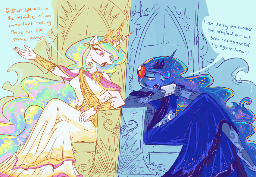 2016 anthro anthrofied chair clothing crown dialogue dress duo english_text equine female friendship_is_magic gold_(metal) headphones horn jowybean mammal my_little_pony princess_celestia_(mlp) princess_luna_(mlp) sibling sisters text throne winged_unicorn wings