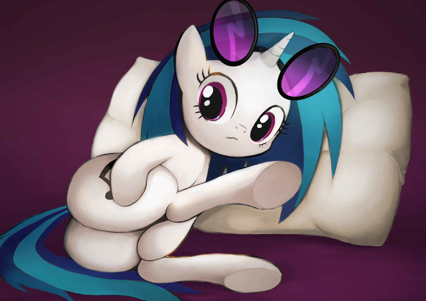 2016 absurd_res bronyraimu cutie_mark equine eyewear female feral friendship_is_magic fur glasses hair hi_res horn lying mammal multicolored_hair my_little_pony pillow red_eyes simple_background smile solo two_tone_hair unicorn vinyl_scratch_(mlp) white_fur