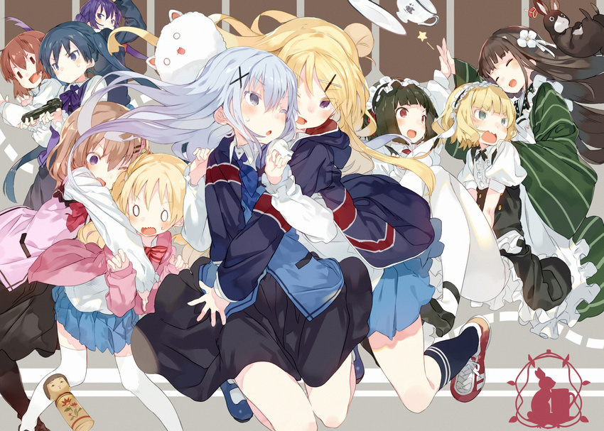 6+girls :d ;o alice_cartelet ama_usa_an_uniform angora_rabbit animal anko_(gochiusa) apron black_hair black_legwear blonde_hair blue_eyes blush brown_hair bunny cardigan company_connection cosplay costume_switch crossover cup fleur_de_lapin_uniform flower gochuumon_wa_usagi_desu_ka? green_eyes gun hair_bun hair_flower hair_ornament hairband hairclip handgun highres holding holding_gun holding_weapon hood hoodie hoto_cocoa hug inokuma_youko japanese_clothes kafuu_chino karei kimono kin-iro_mosaic kirima_sharo kokeshi komichi_aya komichi_aya_(cosplay) kujou_karen long_hair long_sleeves look-alike manga_time_kirara multiple_girls one_eye_closed oomiya_shinobu open_mouth pantyhose plate purple_eyes purple_hair rabbit_house_uniform rectangular_mouth red_eyes school_uniform seiyuu_connection shoes short_hair skirt smile sneakers taneda_risa teacup tedeza_rize tedeza_rize_(cosplay) thighhighs tippy_(gochiusa) twintails ujimatsu_chiya union_jack waitress weapon white_legwear x_hair_ornament zettai_ryouiki ||_||