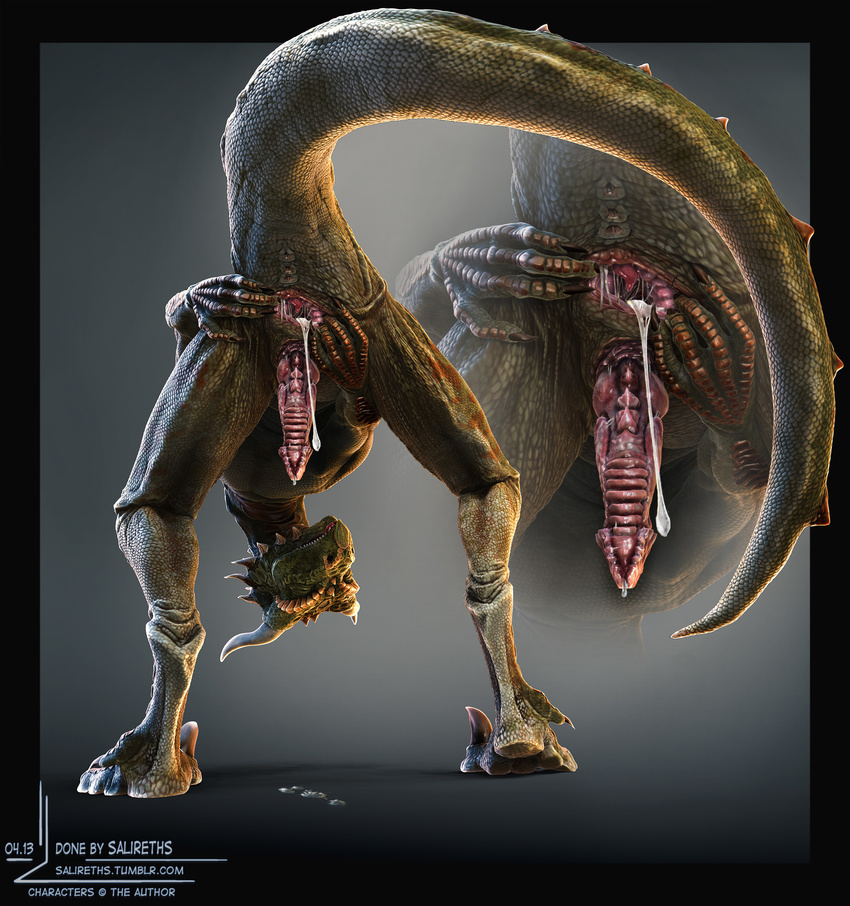 3d_(artwork) after_sex animal_genitalia anthro anus ass_up bent_over brown_scales butt cgi claws close-up cum cum_drip cum_inside detailed digital_media_(artwork) dragon dripping erection eyes_closed genital_slit green_scales hi_res horn knot leaking lizard low-angle_view male nude penis photorealism pinup pose precum presenting presenting_hindquarters presenting_penis raised_tail realistic rear_view reptile salireths scales scalie slit solo spread_anus spread_legs spreading standing