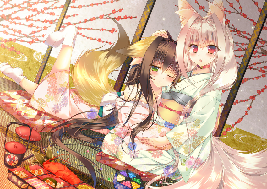 animal_ears brown_hair fox_ears fox_tail green_eyes japanese_clothes kimono long_hair monaka_natsume multiple_girls multiple_tails off_shoulder one_eye_closed original red_eyes silver_hair tail