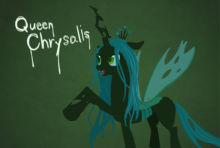 2016 absurd_res bronyraimu changeling crown english_text equine female feral friendship_is_magic fur green_eyes green_hair hair hi_res horn mammal my_little_pony open_mouth queen_chrysalis_(mlp) simple_background smile solo text wings