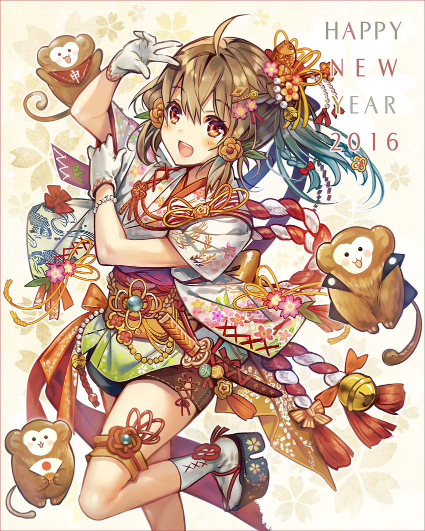 blush brown_hair chinese_zodiac gloves happy_new_year highres japanese_clothes madogawa monkey new_year open_mouth original smile solo year_of_the_monkey