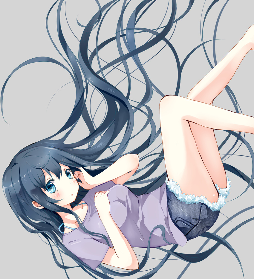 barefoot black_hair blue_eyes cutoffs denim denim_shorts falling highres hinase_haruka legs long_hair original shirt short_shorts shorts solo t-shirt very_long_hair