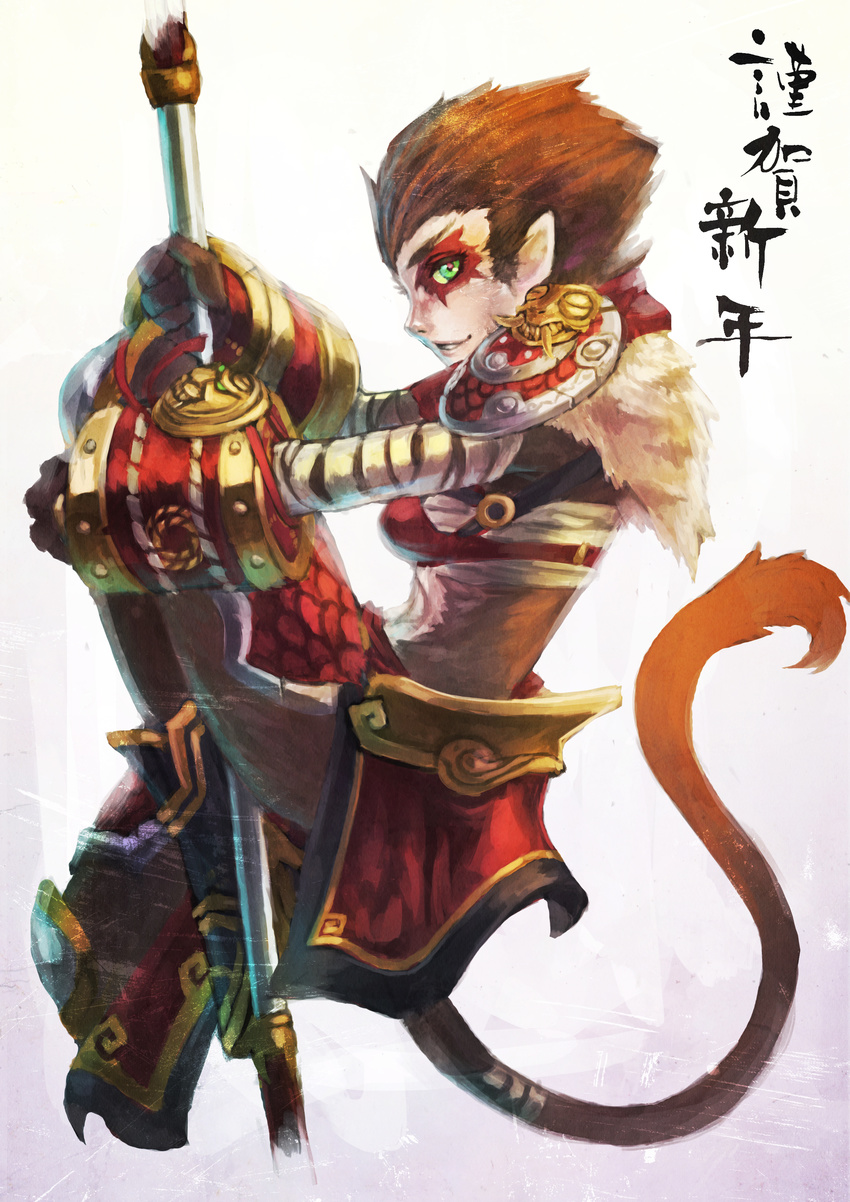 2016 armor boots brown_fur brown_hair clothing crossgender cute female footwear fur gauntlets hair league_of_legends looking_at_viewer mammal monkey monorirogue primate short_hair shoulder_pad slim smirk solo spiked_hair sports_tape staff tape video_games wukong