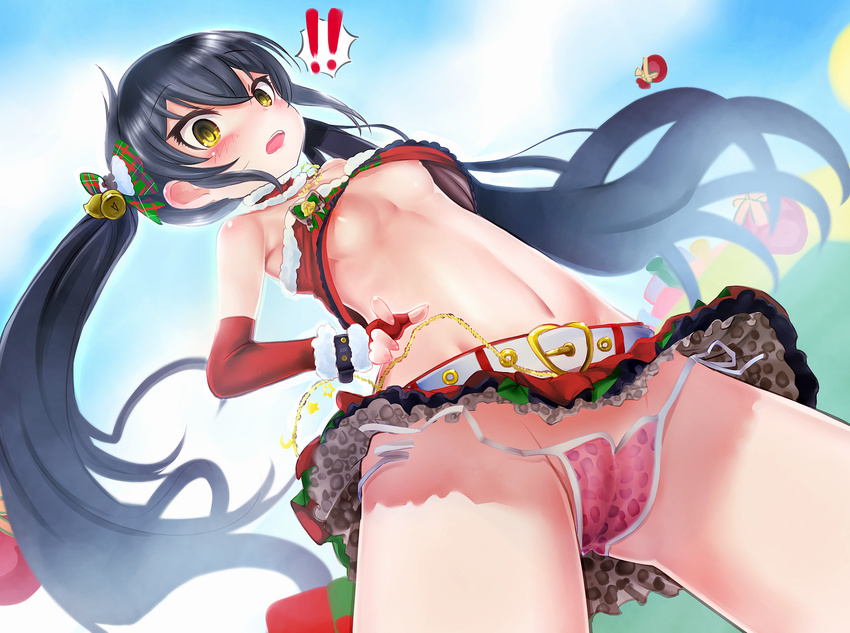 !! 1girl animal_print bad_id bad_pixiv_id bell belt black_hair blush breasts cameltoe day elbow_gloves from_below gloves hair_bell hair_ornament highres idolmaster idolmaster_cinderella_girls leopard_print long_hair looking_at_viewer matoba_risa microskirt midriff navel nipples outdoors panties pink_panties red_gloves side-tie_panties skirt small_breasts solo spoken_exclamation_mark twintails underwear untied untied_panties wardrobe_malfunction yellow_eyes yummy_yoi