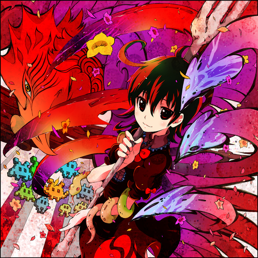 black_hair highres houjuu_nue ichizen_(o_tori) polearm red_eyes short_hair smile solo space_invaders touhou weapon wings