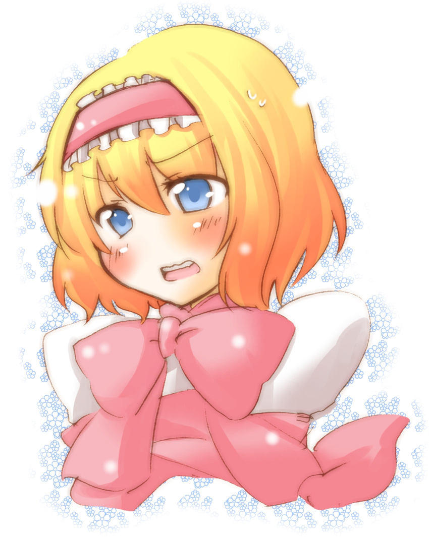 alice_margatroid bad_id bad_pixiv_id blonde_hair blue_eyes blush bow bowtie distress face floral_background frown gradient_hair hairband highres multicolored_hair nervous no_nose okannigeru orange_hair ribbon solo sweatdrop touhou wavy_mouth