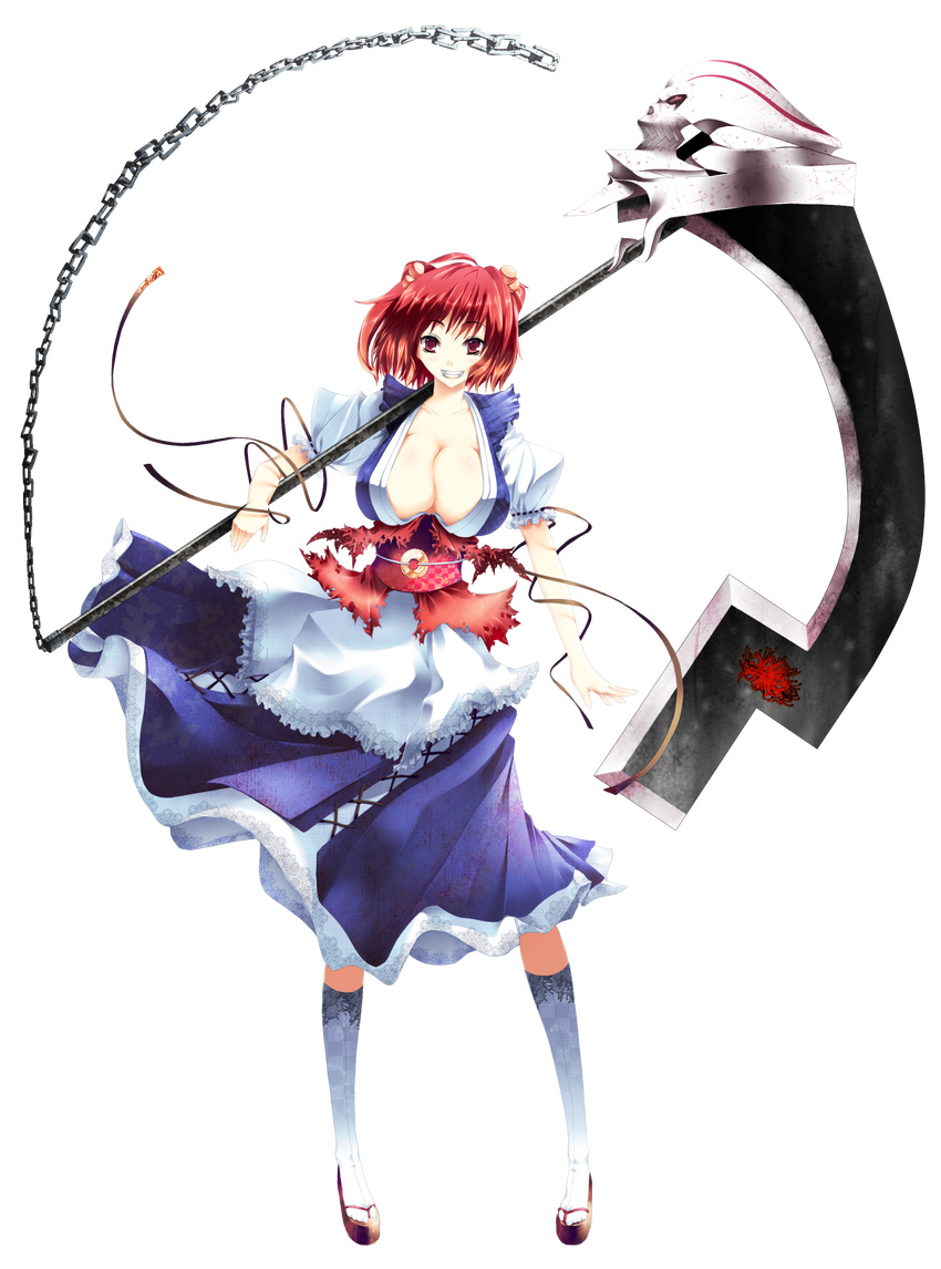 absurdres alternate_weapon bad_id bad_pixiv_id breasts cleavage full_body hair_bobbles hair_ornament highres large_breasts onozuka_komachi red_eyes red_hair scythe short_hair solo tomi touhou transparent_background two_side_up weapon
