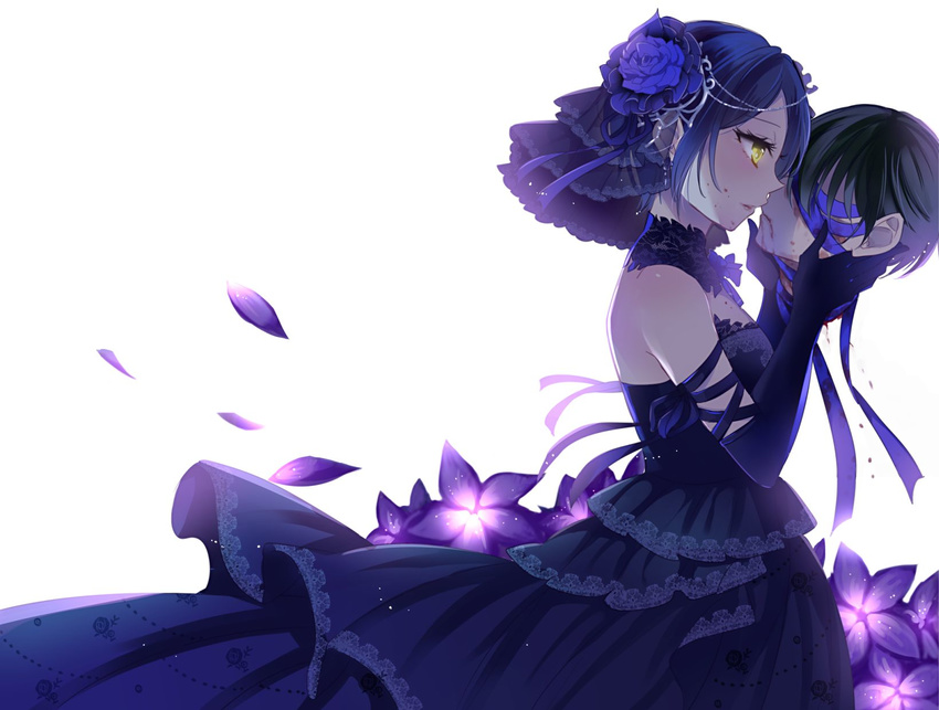 1girl bare_shoulders black_hair blindfold blood blood_on_face blue_dress blue_flower blue_hair blue_rose bow death dress earrings elbow_gloves flower gloves hair_ornament hand_on_another's_face hayami_kanade hetero highres idolmaster idolmaster_cinderella_girls jewelry lace light_smile looking_at_another parted_lips petals producer_(idolmaster_cinderella_girls_anime) ribbon rose severed_head short_hair simple_background wemu_(ivycrown) yandere yellow_eyes