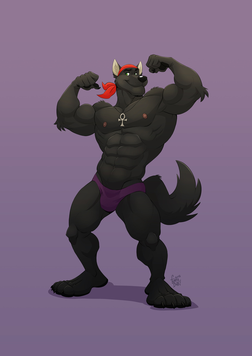 :3 abs anthro biceps big_muscles black_fur bulge canine clothing fur furrybob looking_at_viewer lupine_assassin male mammal muscular muscular_male necktie nipples pecs smile underwear wolf