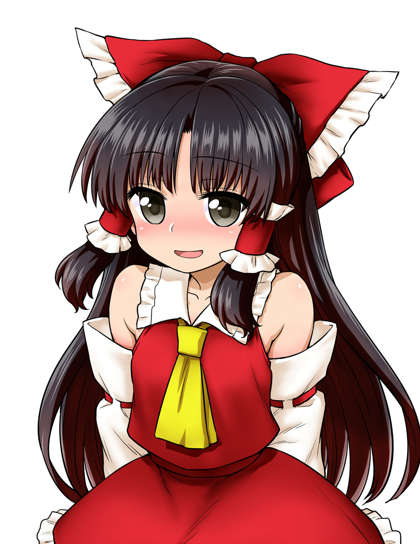 arms_behind_back ascot bare_shoulders black_hair blush body_blush detached_sleeves grey_eyes hair_tubes hakurei_reimu highres itou_yuuji long_hair looking_at_viewer lovestruck skirt skirt_set smile solo touhou vest