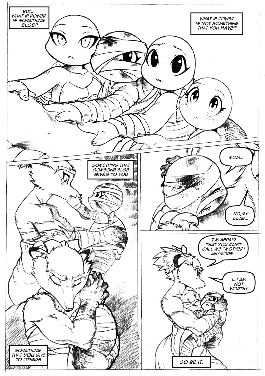 age_difference anthro bandage black_and_white blood breasts child chochi comic crossgender crying dialogue donatello_(tmnt) english_text eyelashes eyes_closed female group leonardo_(tmnt) mammal michelangelo_(tmnt) monochrome raphael_(tmnt) rat reptile rodent scalie size_difference speech_bubble splinter tears teenage_mutant_ninja_turtles text turtle young
