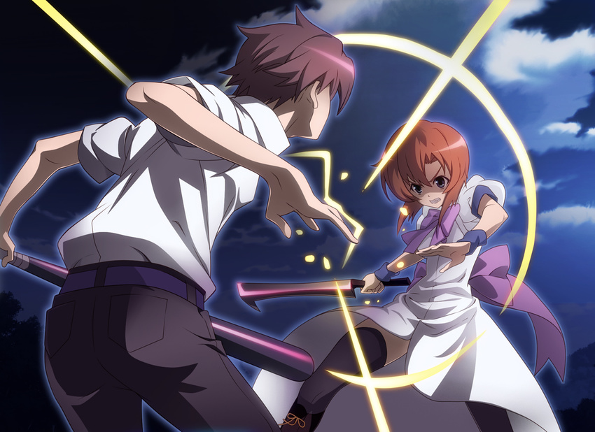 1girl angry baseball_bat battle blue_eyes bow bowtie brown_hair cleaver clenched_teeth cloud cloudy_sky duel from_behind higurashi_no_naku_koro_ni maebara_keiichi night night_sky nyoro_(nyoronyoro000) orange_hair outdoors puffy_short_sleeves puffy_sleeves ryuuguu_rena shirt short_sleeves sky spoilers teeth thighhighs tsumihoroboshi-hen white_shirt wristband