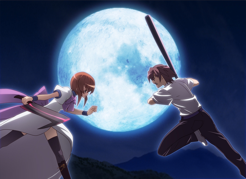 1girl baseball_bat battle bow brown_hair cleaver duel full_moon higurashi_no_naku_koro_ni hill looking_at_another maebara_keiichi moon night night_sky nyoro_(nyoronyoro000) open_mouth orange_hair outdoors puffy_short_sleeves puffy_sleeves ryuuguu_rena shirt short_hair short_sleeves sky spoilers thighhighs tsumihoroboshi-hen white_shirt wristband