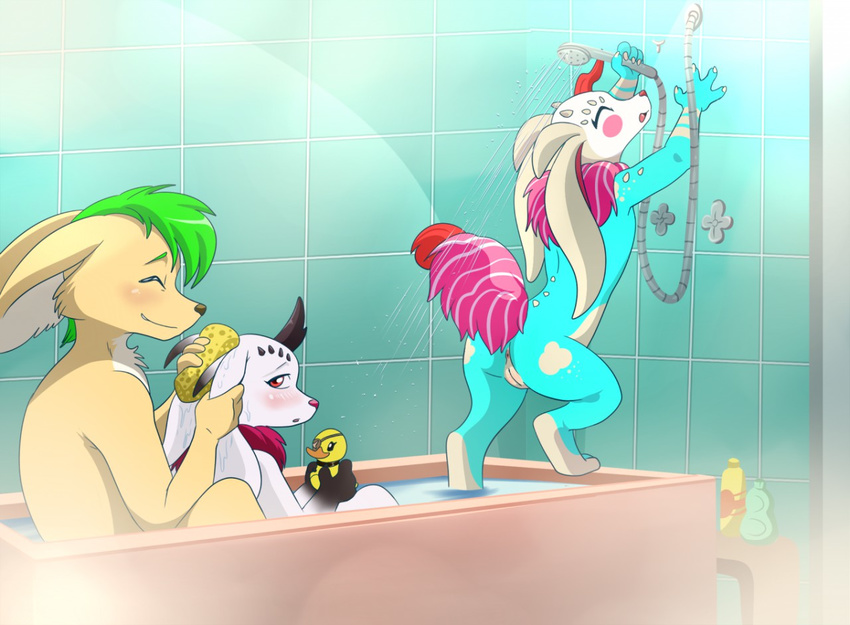 2015 anthro avian bathtub berry bird blush canine detailed_background digital_media_(artwork) duck eyebrows eyelashes eyes_closed female flossy food fox fruit fur green_hair group hair horn lonbluewolf looking_back male mammal multicolored_fur nude open_mouth pussy raised_tail red_eyes shampoo shower sitting tongue unknown_species water white_fur white_sclera