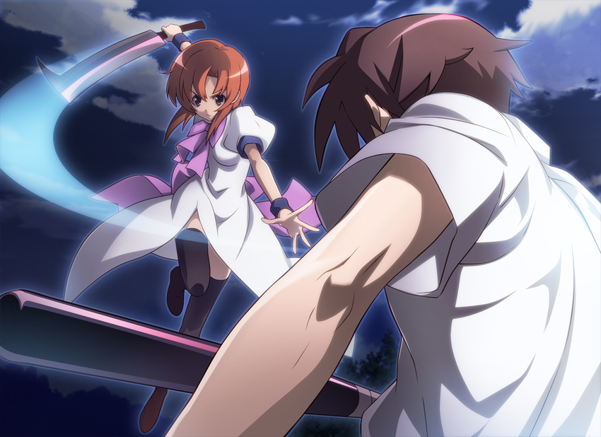 1girl baseball_bat battle bow bowtie brown_hair cleaver cloud duel from_behind higurashi_no_naku_koro_ni jumping maebara_keiichi night night_sky nyoro_(nyoronyoro000) orange_hair outdoors perspective puffy_short_sleeves puffy_sleeves ryuuguu_rena serious shirt short_hair short_sleeves sky spoilers thighhighs tsumihoroboshi-hen white_shirt wristband