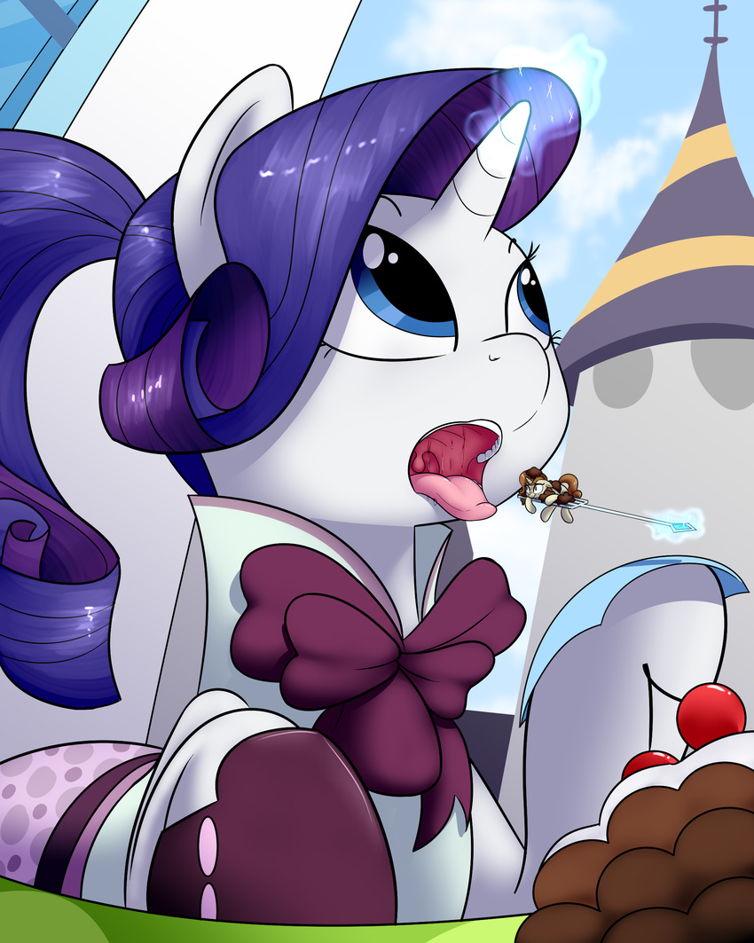 2016 blue_eyes cherry clothed clothing duo equine fan_character female feral food friendship_is_magic fruit glowing hair hi_res horn khorme long_hair magic mammal micro my_little_pony open_mouth outside purple_hair rarity_(mlp) tongue tongue_out unicorn vore