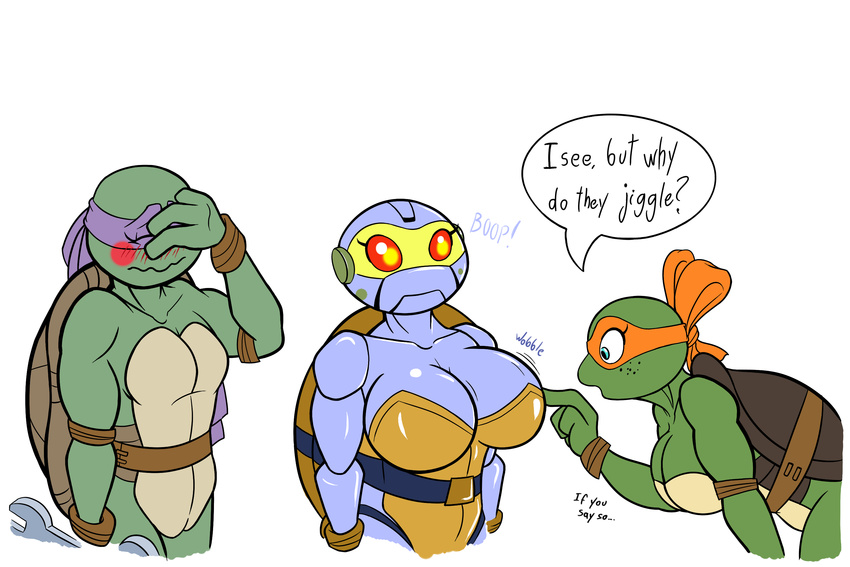 anthro big_breasts blush breasts cleavage clothed clothing crossgender dialogue donatello_(tmnt) embarrassed english_text eyelashes female group machine mask metalhead_(tmnt) michelangelo_(tmnt) open_mouth orange_eyes poking reptile robot scalie source_request speech_bubble teenage_mutant_ninja_turtles text tools turtle unknown_artist wrench