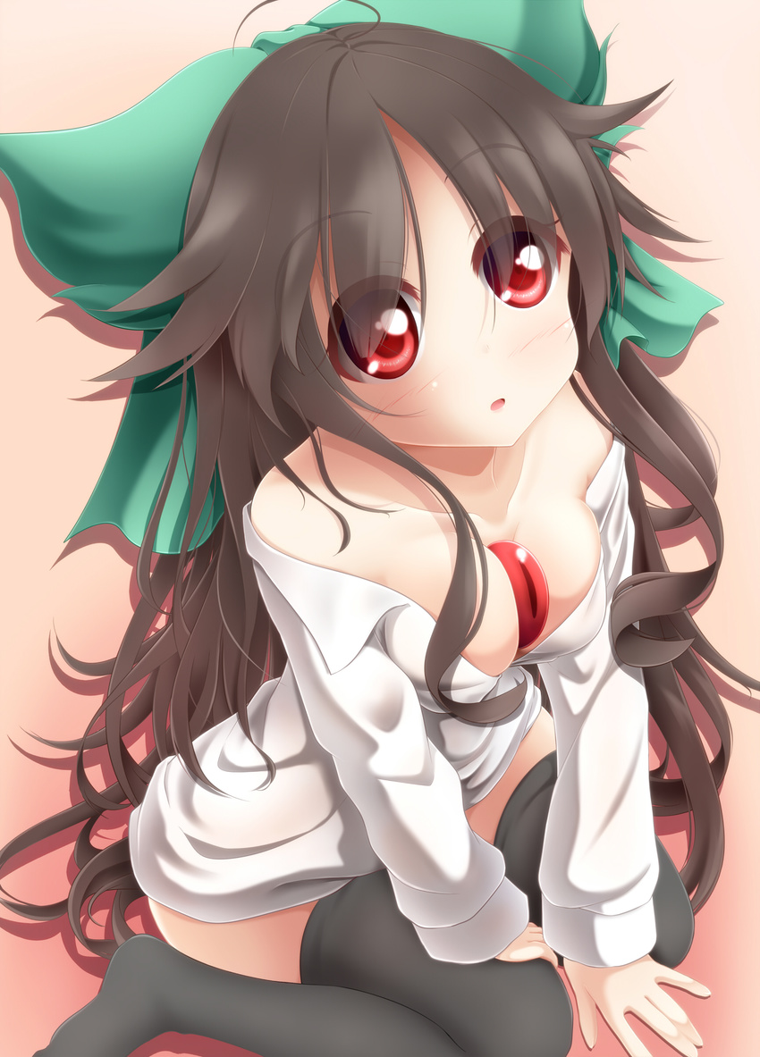 :o absurdres ahoge bare_shoulders black_hair black_legwear blush bow breasts commentary_request evandragon hair_bow highres long_hair looking_at_viewer medium_breasts off_shoulder open_clothes open_shirt red_eyes reiuji_utsuho shirt sitting solo thighhighs third_eye touhou undressing very_long_hair wariza