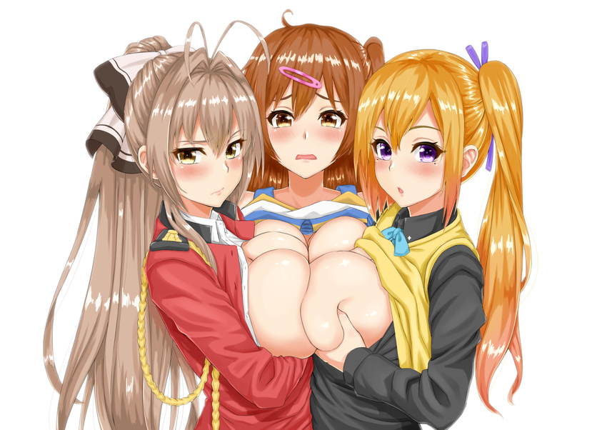:o ahoge aiguillette amagi_brilliant_park antenna_hair asymmetrical_docking bangs blazer blonde_hair blush bow breast_hold breast_press breast_squeeze breasts breasts_outside brown_eyes cheerleader chestnut_mouth chuunibyou_demo_koi_ga_shitai! closed_mouth collared_shirt company_connection crossover densuke_(iha-syuon) embarrassed from_side gradient_hair grey_hair hair_between_eyes hair_ornament hair_ribbon hairclip high_ponytail jacket kawakami_mai kyoto_animation large_breasts long_hair long_sleeves looking_at_viewer looking_back mole mole_under_eye multicolored_hair multiple_crossover multiple_girls musaigen_no_phantom_world nibutani_shinka no_bra one_side_up open_blazer open_clothes open_jacket open_shirt orange_hair parted_bangs ponytail purple_eyes raised_eyebrows ribbon sento_isuzu shirt side_ponytail sideboob sidelocks simple_background surprised sweater_vest symmetrical_docking tank_top unbuttoned uniform upper_body very_long_hair vest wavy_mouth white_background