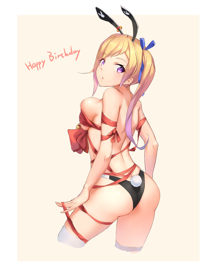 :o animal_ears animal_print ass back bangs beige_background black_panties blonde_hair blue_ribbon breasts bunny_ears bunny_print bunny_tail cowboy_shot ear_ornament english from_behind gradient_hair hair_ribbon happy_birthday highres juesnow kawakami_mai large_breasts long_hair looking_at_viewer looking_back mole mole_under_eye multicolored_hair musaigen_no_phantom_world naked_ribbon panties purple_eyes purple_hair red_ribbon ribbon side_ponytail sideboob simple_background sketch solo swept_bangs tail thighhighs underwear white_legwear