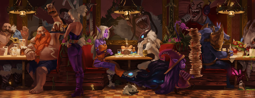 3girls alcohol alternate_costume animal_ears artist_name ass bald bare_shoulders barefoot battle_bunny_riven beard beer beer_mug boots braided_beard braum_(league_of_legends) bread brown_footwear brown_hair bunny_ears carnivorous_plant checkered checkered_floor commentary cup darius_(league_of_legends) draven eyewear_on_headwear facial_hair fake_animal_ears flower food furry glasses gragas hat headphones high_heels highres holding holding_cup horace_h horn indoors kindred kog'maw lamb_(league_of_legends) league_of_legends lulu_(league_of_legends) making_of meep microphone multiple_boys multiple_girls mustache open_mouth pancake pix pointy_ears poro_(league_of_legends) portrait_(object) primetime_draven purple_hair purple_skin red_hair restaurant riven_(league_of_legends) salad sharp_teeth signature sitting soraka stack_of_pancakes standing syrup table teemo teeth tongue tongue_out tray waitress warwick white_hair wolf_(league_of_legends) wristband yordle
