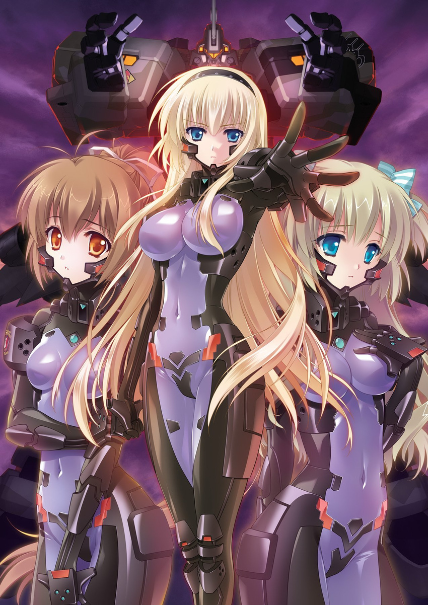 :&lt; blonde_hair blue_eyes bodysuit bow breasts brown_hair carnelian covered_navel hair_bow hairband hand_on_own_chest highres irisdina_bernhard katia_waldheim large_breasts liz_hohenstein long_hair mecha mig-21_balalaika_(muvluv) multiple_girls muvluv non-web_source official_art outstretched_hand parted_lips pilot_suit ponytail purple_bodysuit schwarzesmarken small_breasts very_long_hair