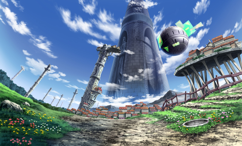 ar_tonelico_i artist_request cloud day dirt_road fantasy fence field fisheye flower grass highres house megastructure mountain no_humans outdoors pillar road rock scenery sky stairs statue tower village wooden_fence