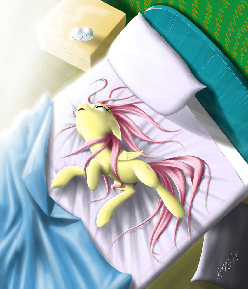 2013 alarm_clock bed bed_sheet blue_eyes cutie_mark equine feathered_wings feathers female feral fluttershy_(mlp) friendship_is_magic fur hair inside lying mammal my_little_pony on_back pegasus pillow pink_hair solo table wings yellow_feathers yellow_fur zigword