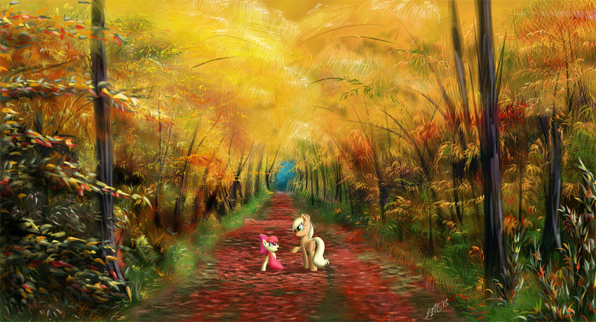 2013 apple_bloom_(mlp) applejack_(mlp) autumn blonde_hair bow clothing cutie_mark dress duo earth_pony equine female feral forest friendship_is_magic fur grass green_eyes hair horse mammal my_little_pony outside pony red_eyes red_hair sibling sisters smile tree yellow_fur zigword